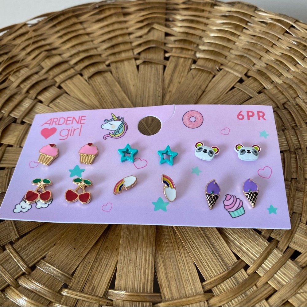 NWT Ardene Girls 6 pack Earrings set Pandas, Cherry, Star Ice Cream Rainbow Stud